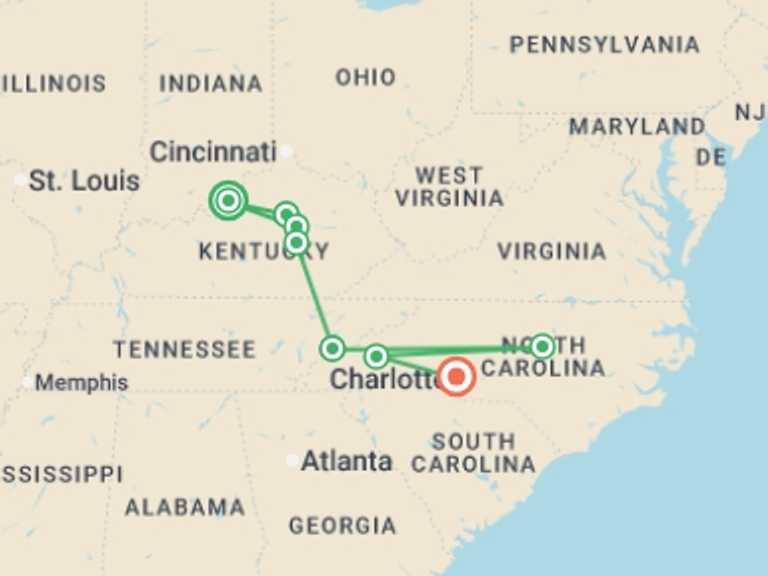 Map of a Mountains Tour with 7 destination visits for the trip: Bluegrass Country & the Smoky Mountains featuring Louisville, Lexington, Gatlinburg & Asheville