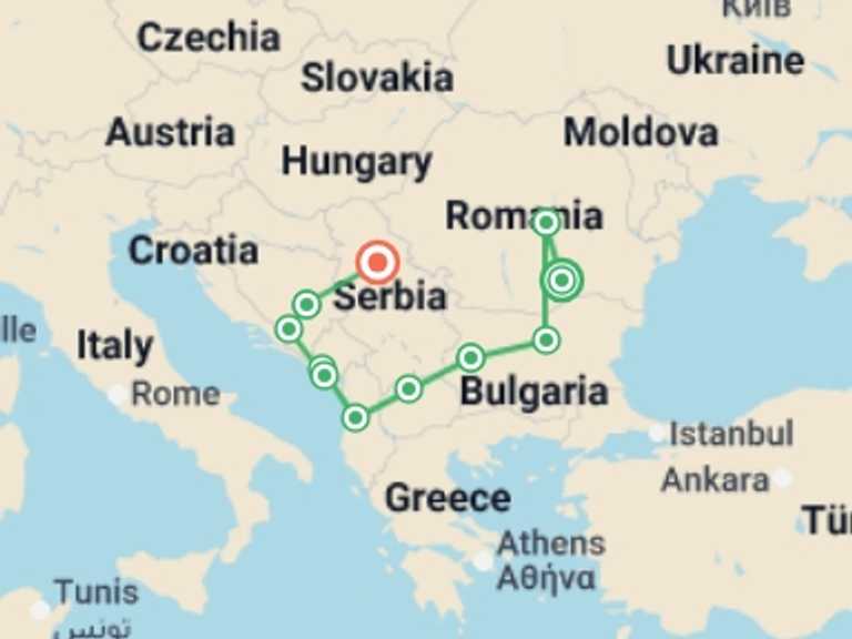 Map of Europe Cultural, religious and historic sites Tour with 9 destination visits for the trip: Balkan Adventure