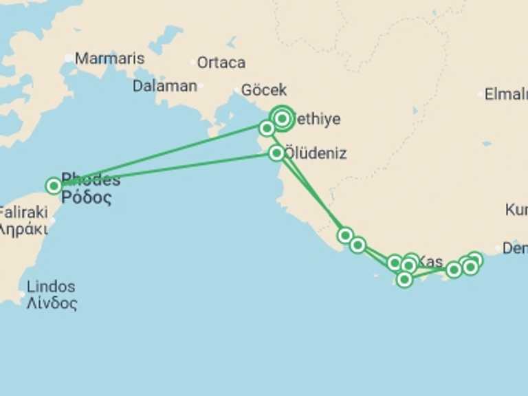 Map itinerary of Turkey Tour in September 2025 with 7 destination visits for the trip: Turkey Sailing Adventure - 8 days