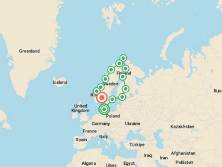 Map itinerary of Europe Tour in May 2026 with 14 destination visits for the trip: Grand Scandinavia