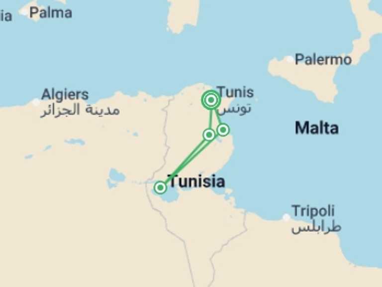 Map itinerary of Africa Tour in April 2026 with 4 destination visits for the trip: Premium Tunisia