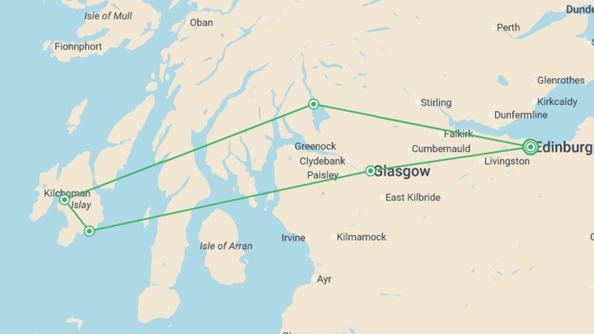 A map showing the tour itinerary for the trip: Islay Whisky Experience - 4 days , starting in Edinburgh, Scotland and ending in Edinburgh, Scotland going through 2 other destinations.