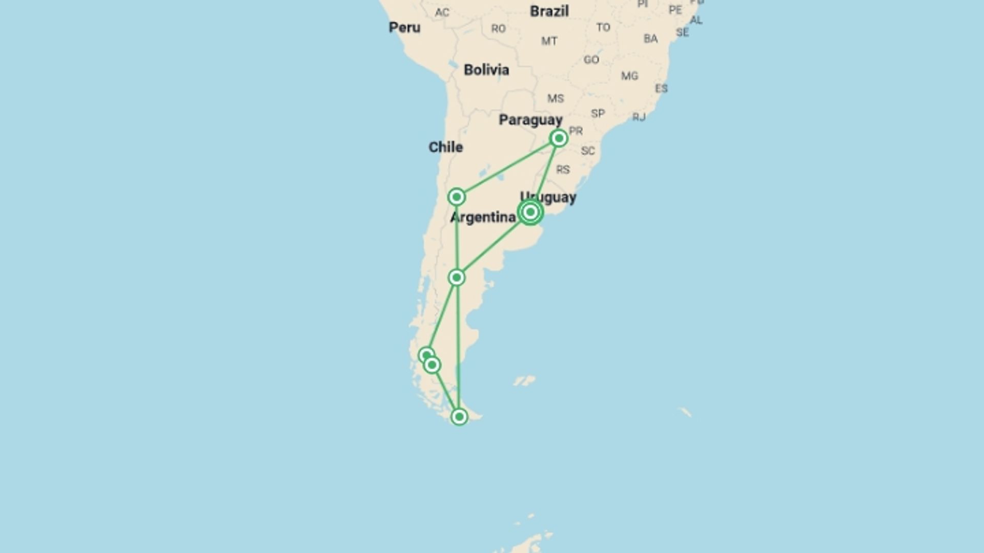A map showing the tour itinerary for the trip: Argentina Getaway – Smart Adventure, starting in Buenos Aires, Argentina and ending in Buenos Aires, Argentina going through 9 other destinations.