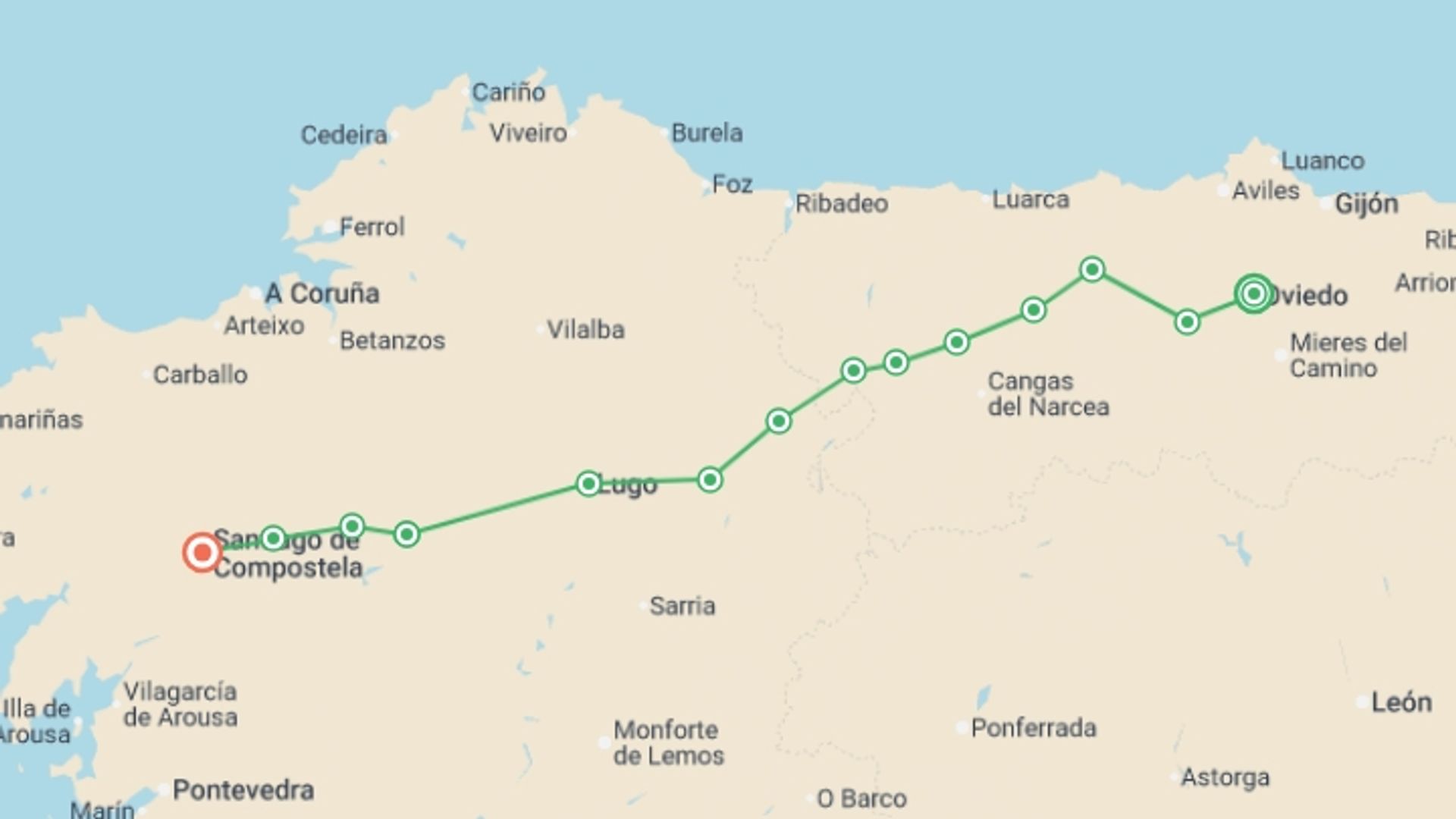 A map showing the tour itinerary for the trip: Camino de Santiago From Oviedo - 16 days, starting in Oviedo, Spain and ending in Santiago De Compostela, Spain going through 12 other destinations.