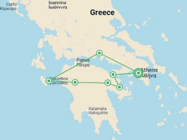 Map of Europe Tour with 4 destination visits for the trip: Ancient Greece & Zakynthos - 8 days