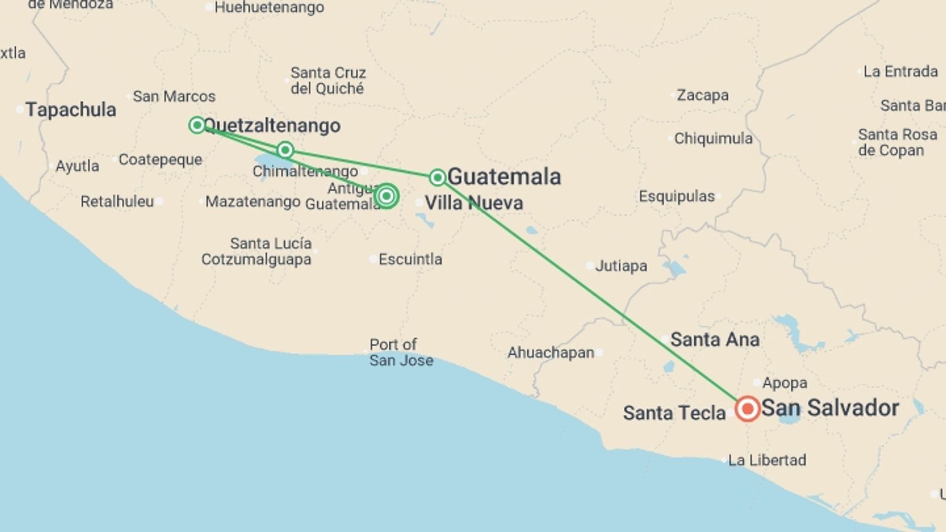 A map showing the tour itinerary for the trip: Guatemala & Beyond, starting in Antigua, Guatemala and ending in San Salvador, El Salvador going through 3 other destinations.