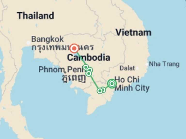Map of 9-Day Ho Chi Minh City Tour with 7 destination visits for the trip: The Mekong in a different way - Between adventure and must-seesites (port-to-port cruise)