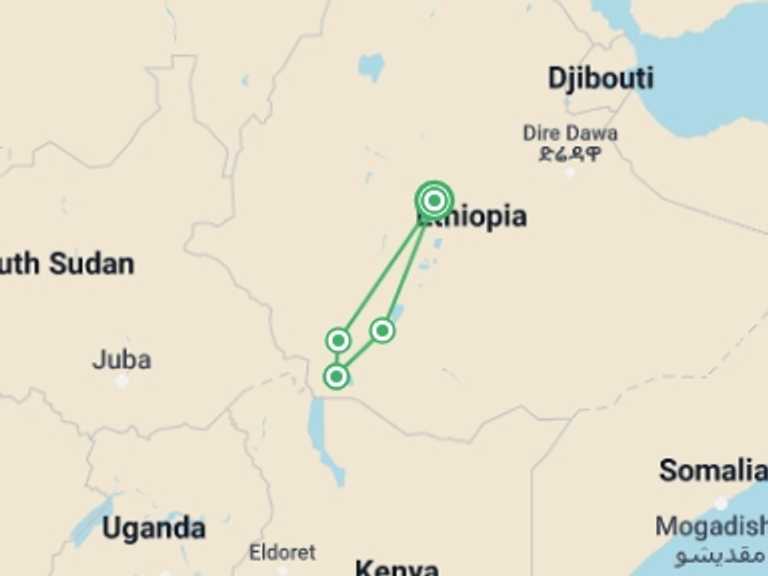 Map of Ethiopia Tour with 4 destination visits for the trip: Tribal Encounters: Exploring Ethiopia's Omo Valley