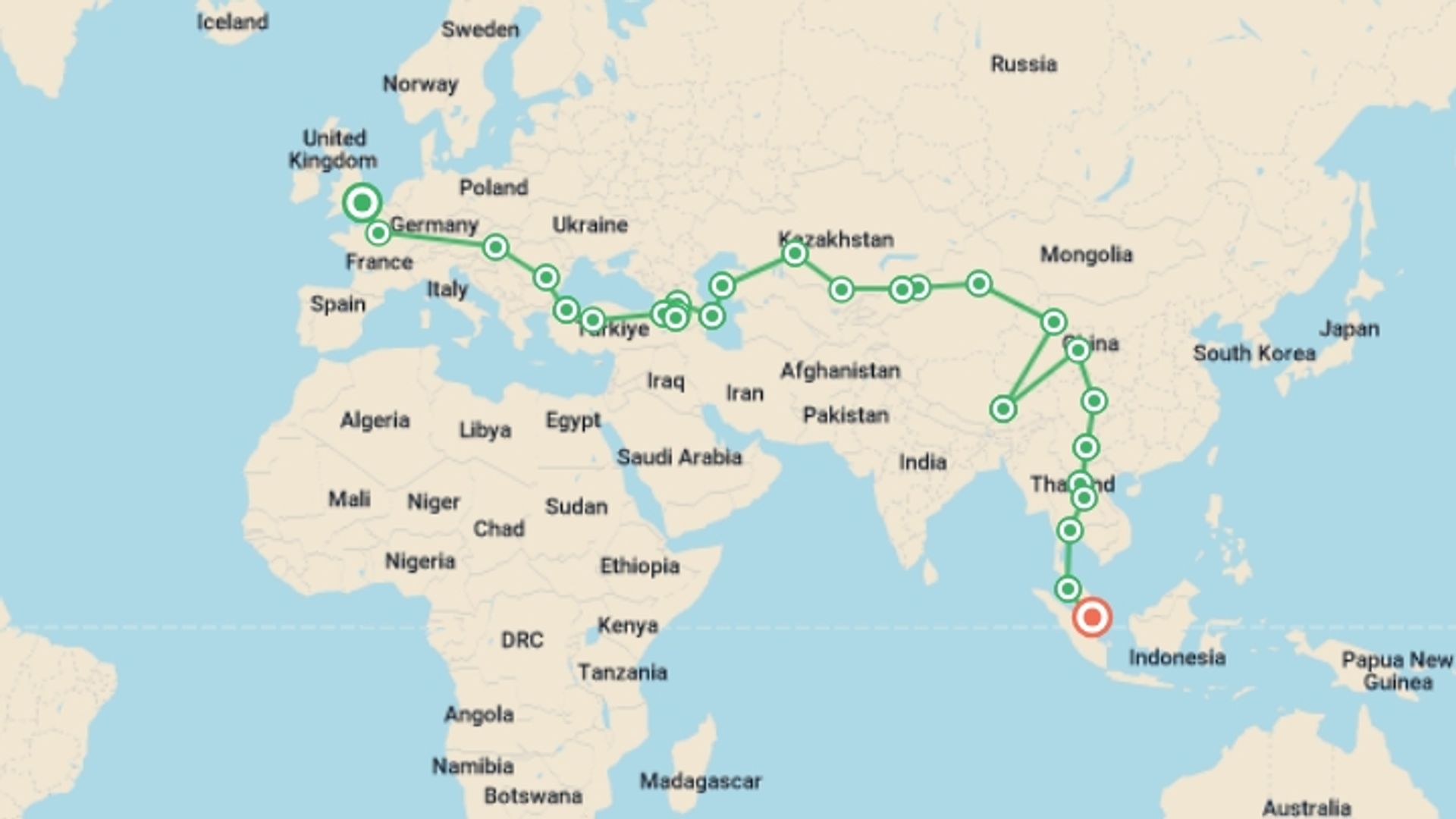 A map showing the tour itinerary for the trip: Silk Road Odyssey , starting in London, England and ending in Singapore, Singapore going through 15 other destinations.