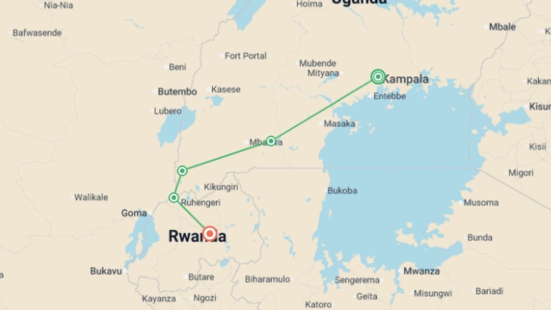A map showing the tour itinerary for the trip: Uganda and Rwanda Gorilla Discovery, starting in Kampala, Uganda and ending in Kigali, Rwanda going through 3 other destinations.