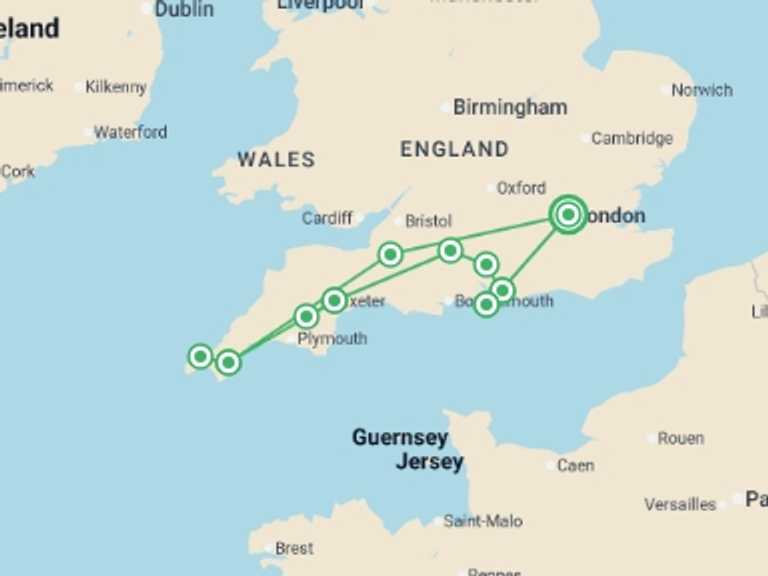 Map itinerary of London Tour in October 2026 with 4 destination visits for the trip: Southern England & Stonehenge - 7 days