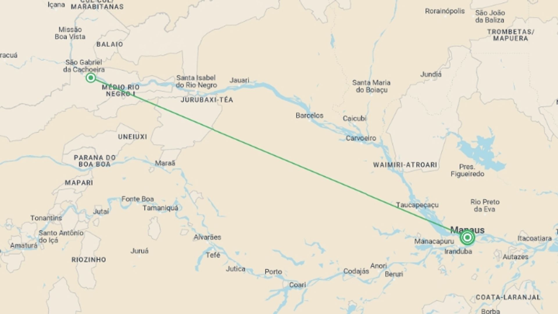 A map showing the tour itinerary for the trip: 2 Nights Package in Amazon Jungle with Aircon, starting in Manaus, Brazil and ending in Manaus, Brazil going through 0 other destinations.