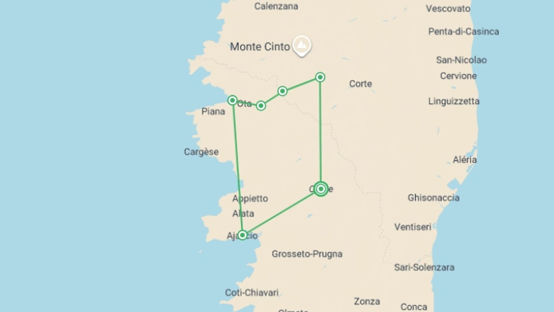A map showing the tour itinerary for the trip: Crossing Corsica, starting in Corsica, France and ending in Corsica, France going through 5 other destinations.