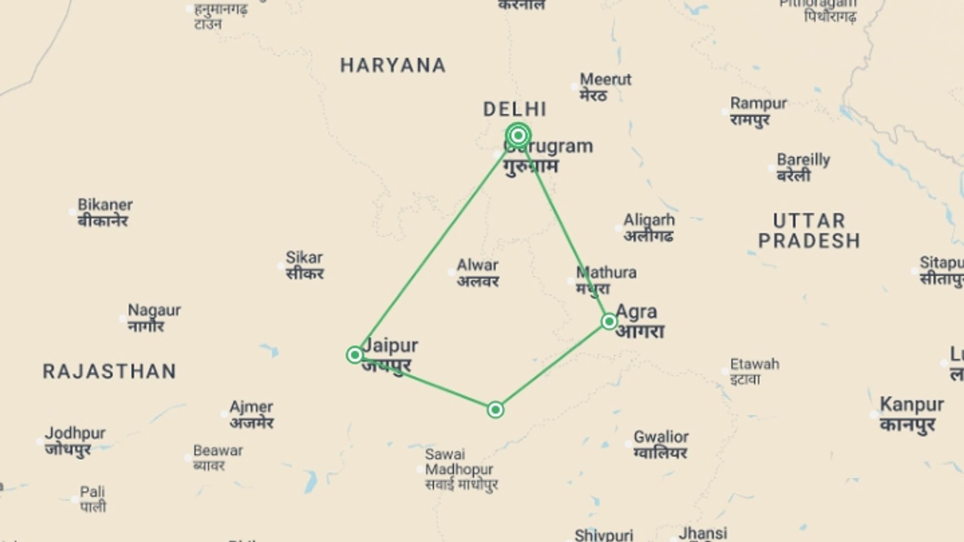 A map showing the tour itinerary for the trip: Diwali, Festival of Lights - 8 days, starting in New Delhi, India and ending in New Delhi, India going through 3 other destinations.