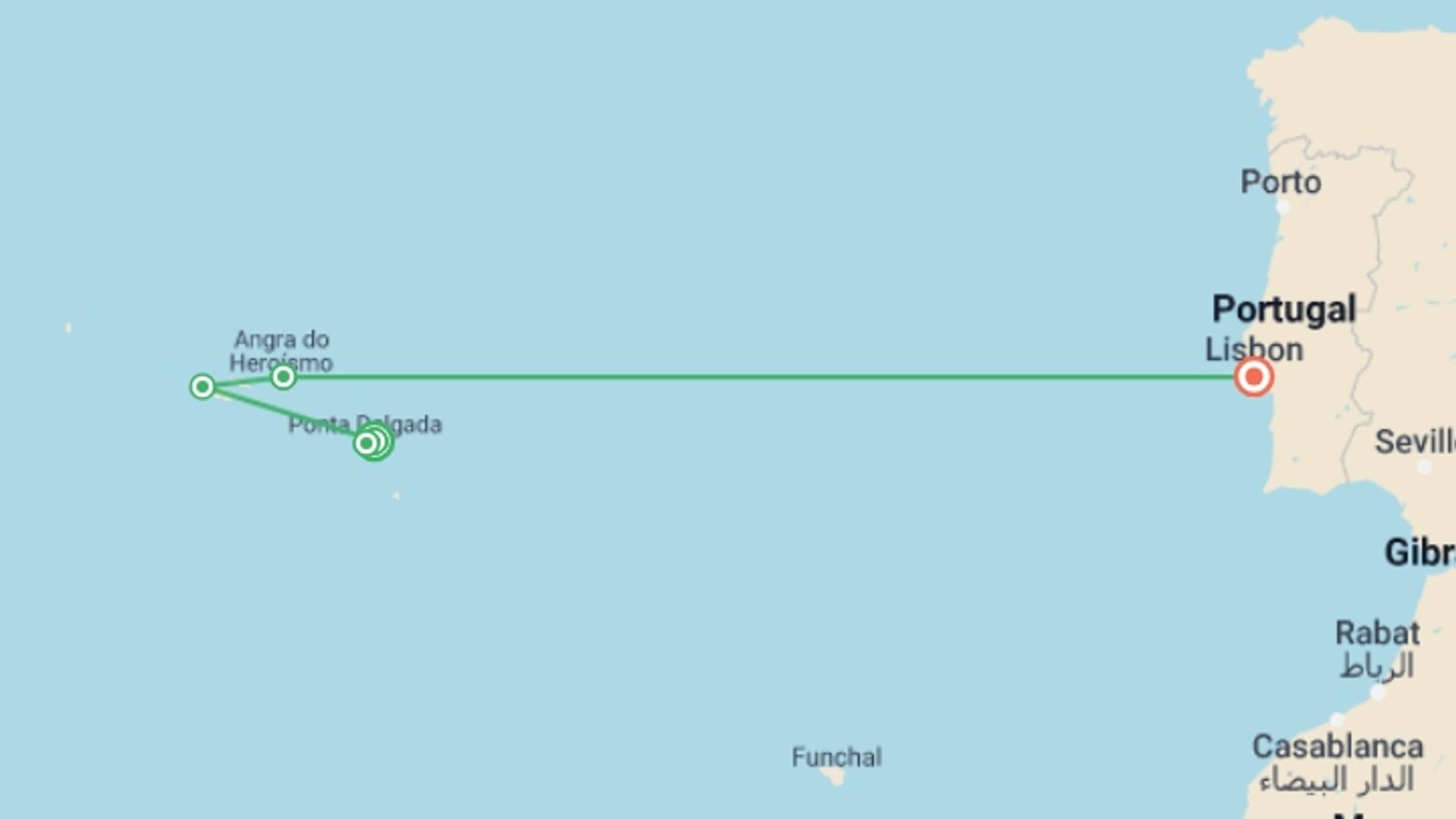 A map showing the tour itinerary for the trip: The Azores Jewels of Portugal, starting in Sao Miguel, Portugal and ending in Lisbon, Portugal going through 2 other destinations.