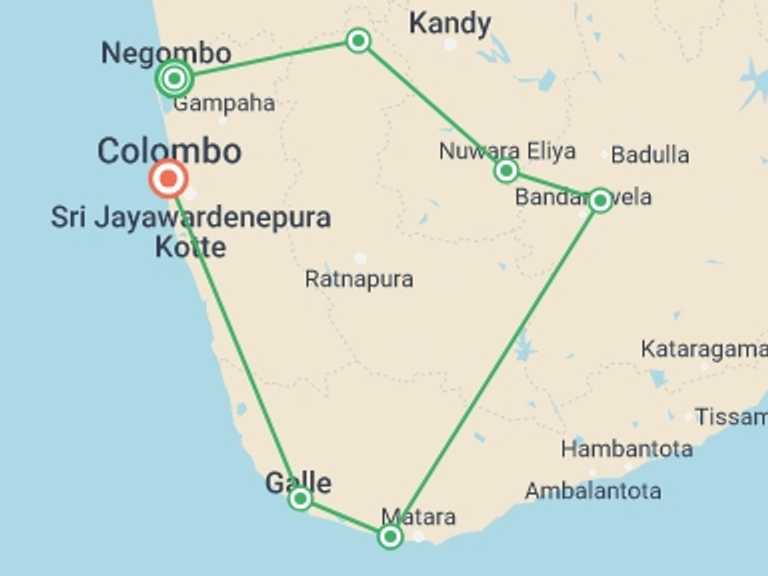 Map of a Walking Tour with 5 destination visits for the trip: Experience Sri Lanka