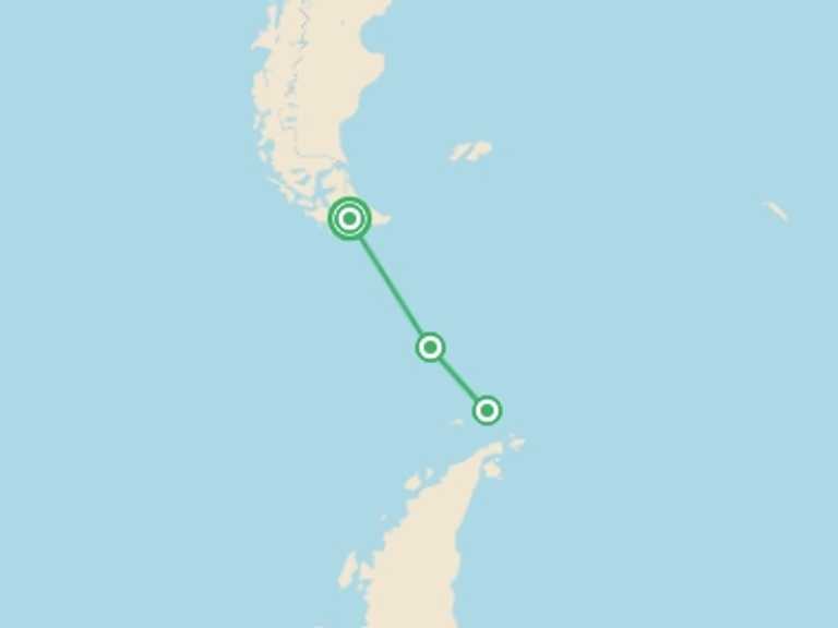 Map itinerary of South America Tour in November 2026 with 3 destination visits for the trip: Antarctica Springs to Life (Ocean Victory)