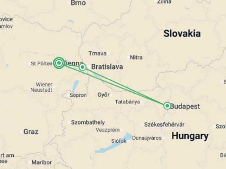 Map itinerary of Austria Tour in Fall with 3 destination visits for the trip: Viennese Waltzes and Habsburg Heritage A cruise into traditions on the beautiful Blue Danube (port-to-port cruise)