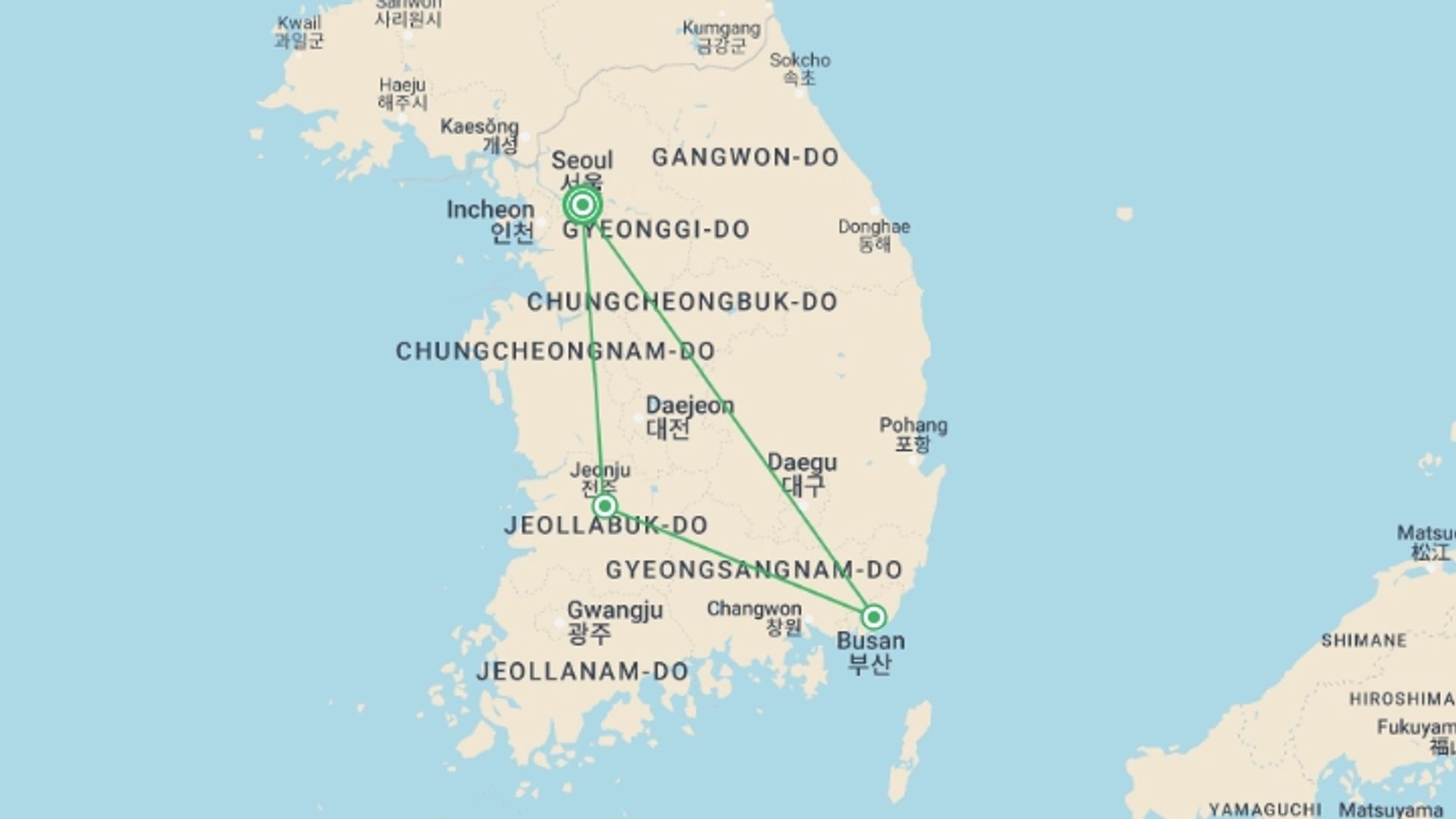 A map showing the tour itinerary for the trip: Korea Express, starting in Seoul, South Korea and ending in Seoul, South Korea going through 2 other destinations.