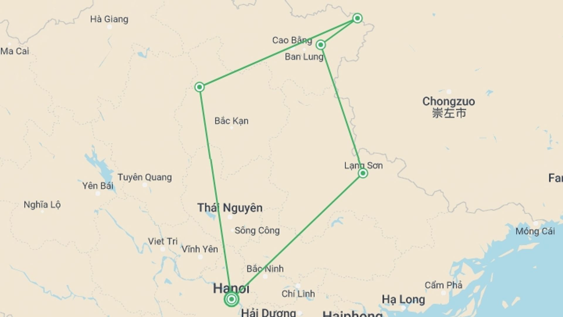 A map showing the tour itinerary for the trip: Adventure To Ban Gioc Waterfall - Ba Be Lake 3 Days 2 Nights, starting in Hanoi, Vietnam and ending in Hanoi, Vietnam going through 2 other destinations.