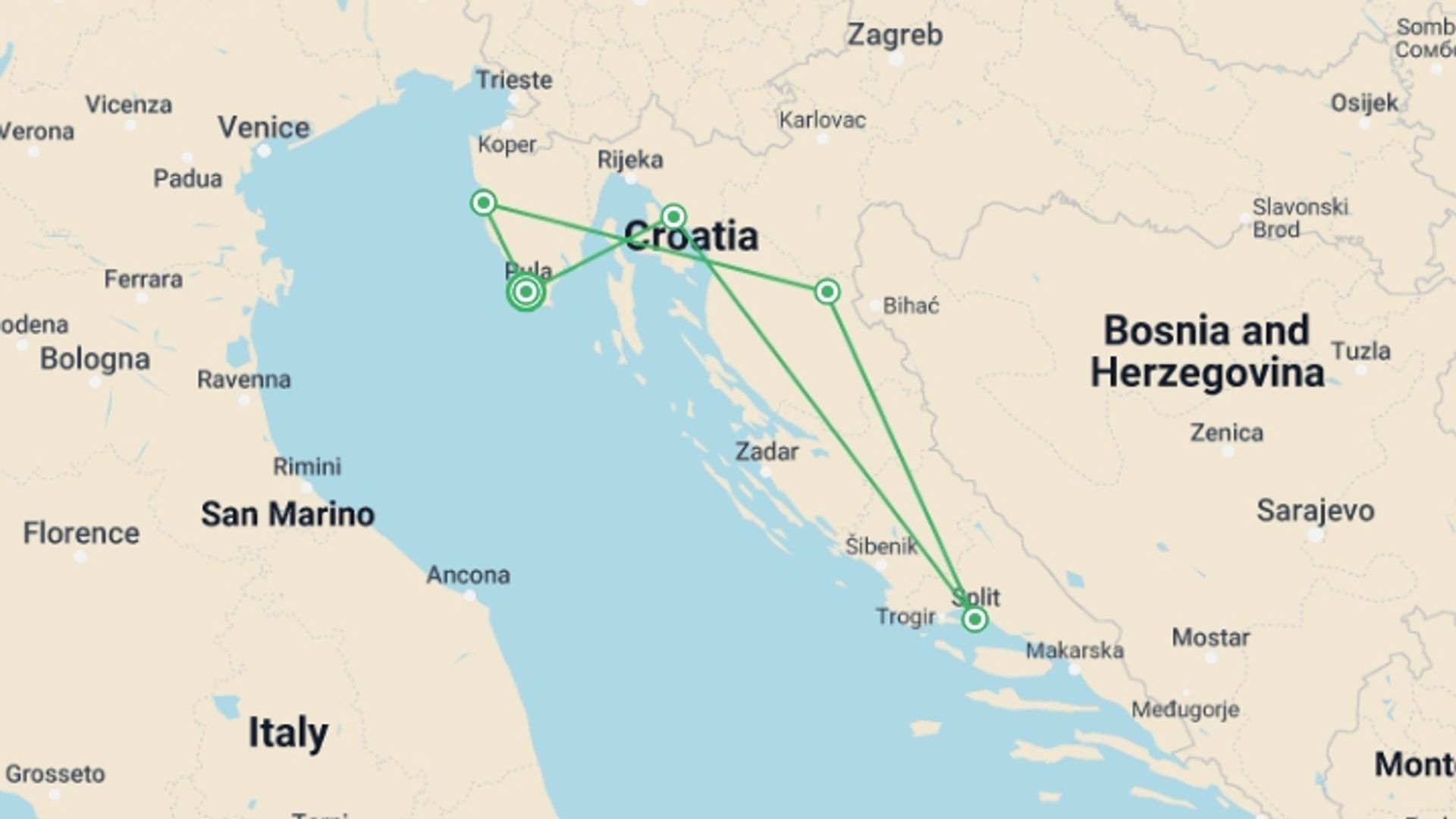 A map showing the tour itinerary for the trip: Explore Istria And Dalmatia In 8 Days, Self-drive, starting in Pula, Croatia and ending in Pula, Croatia going through 4 other destinations.