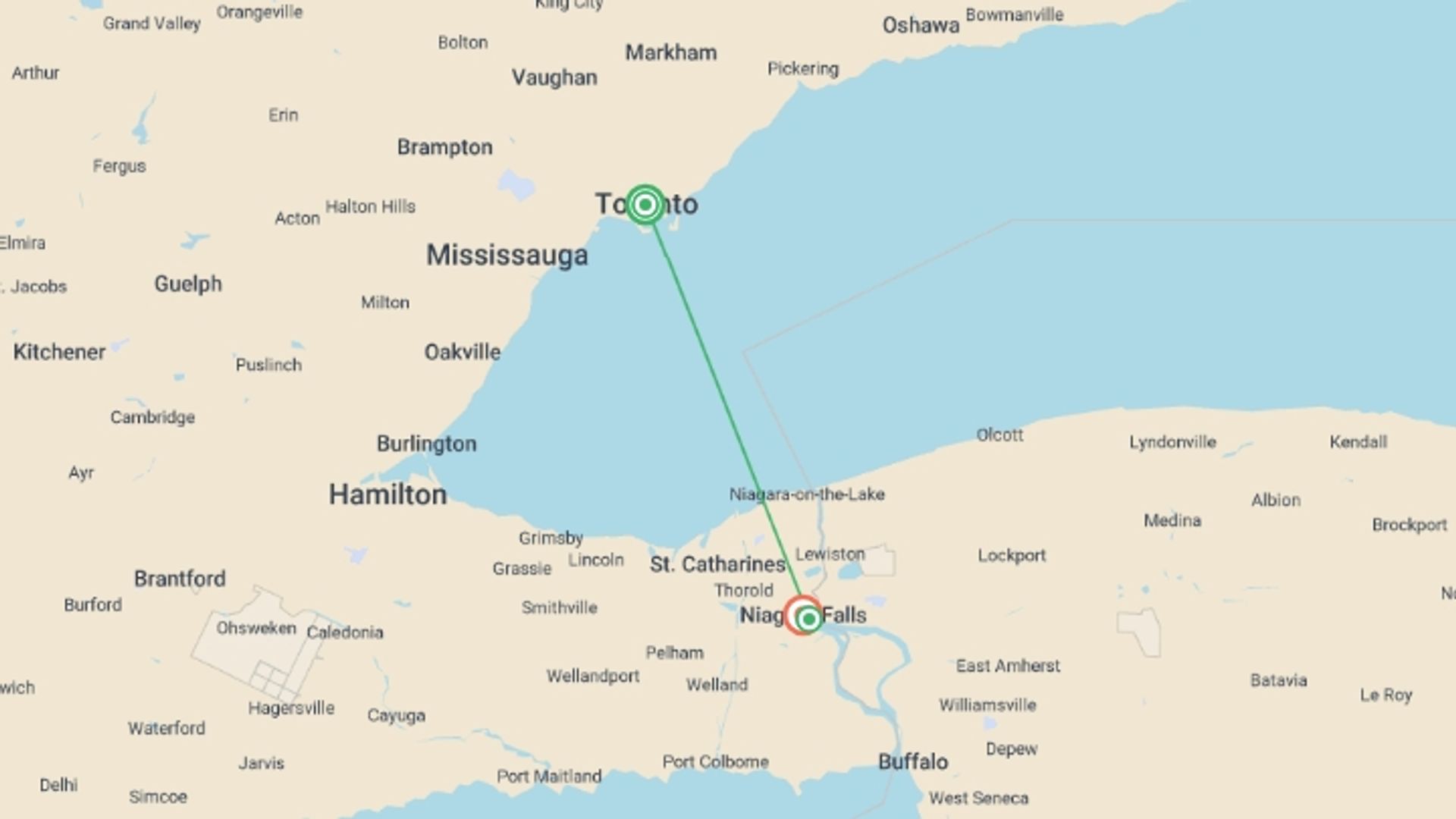 A map showing the tour itinerary for the trip: Toronto and Niagara, starting in Toronto, Canada and ending in Niagara Falls, canada going through 0 other destinations.
