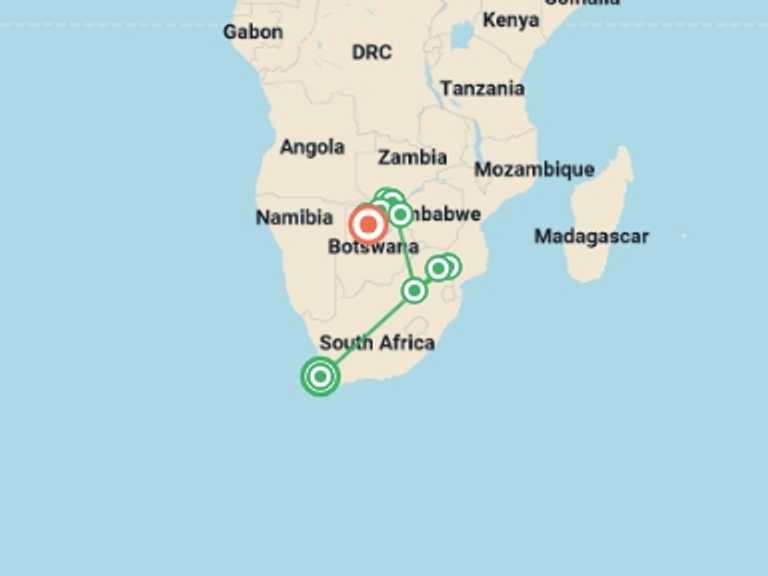 Map itinerary of Africa Tour in August 2026 with 9 destination visits for the trip: Journeys: The Great Southern Africa Safari