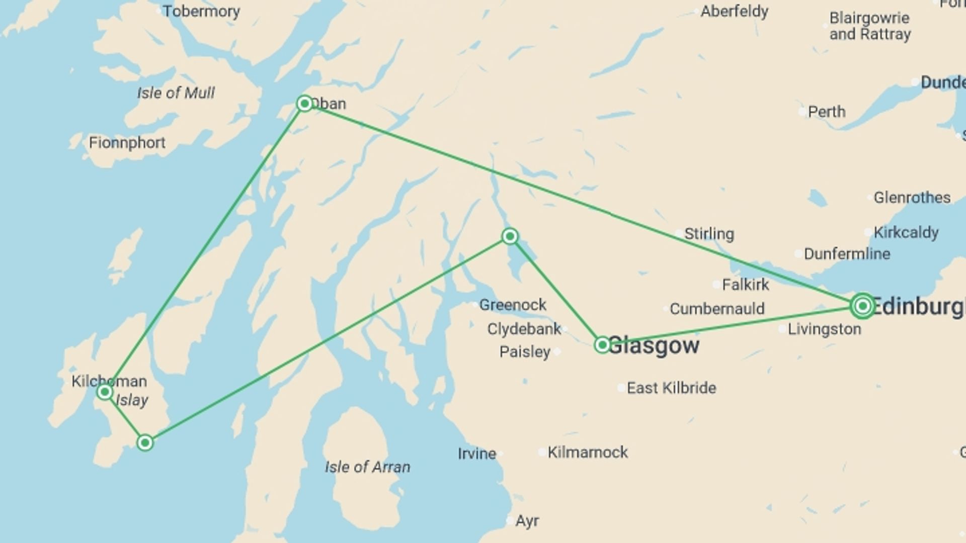 A map showing the tour itinerary for the trip: Islay Whisky Explorer - 5 days , starting in Edinburgh, Scotland and ending in Edinburgh, Scotland going through 2 other destinations.