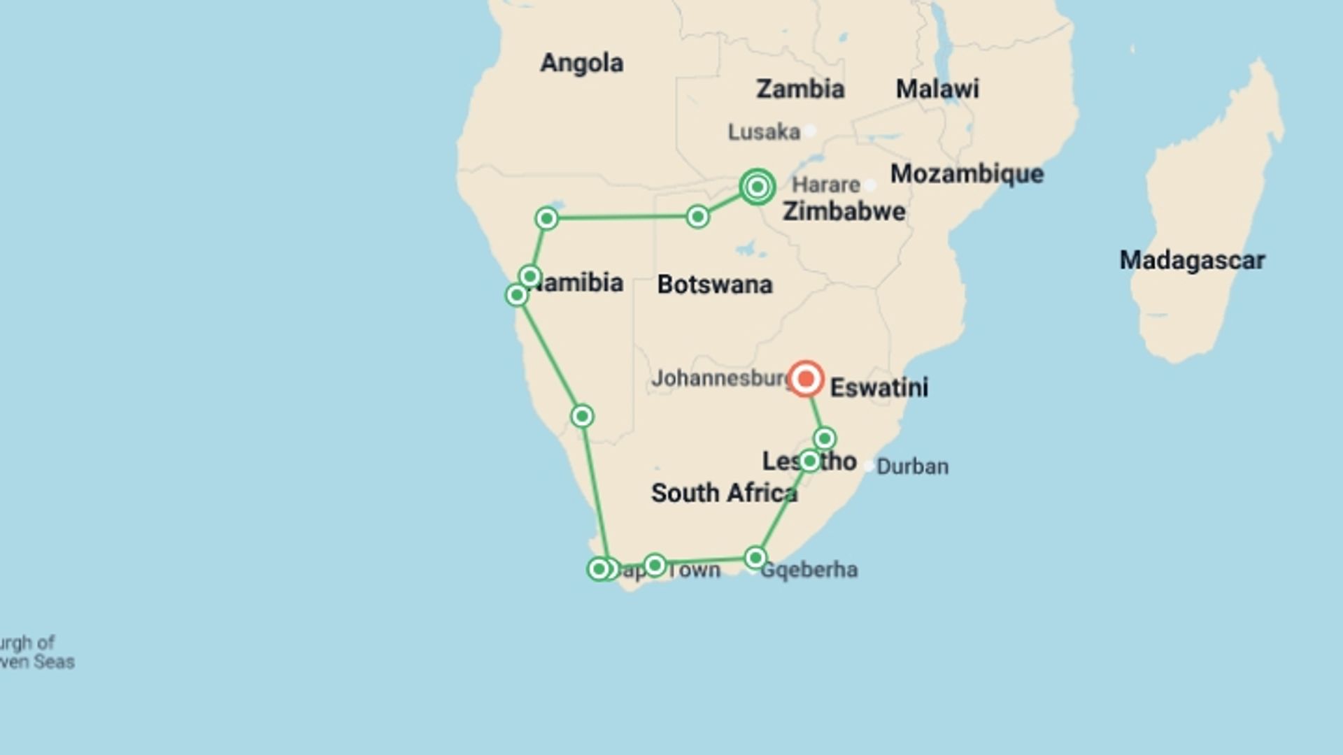 A map showing the tour itinerary for the trip: Victoria Falls To Johannesburg (40 Days), starting in Victoria Falls, Zimbabwe and ending in Johannesburg, South Africa going through 12 other destinations.