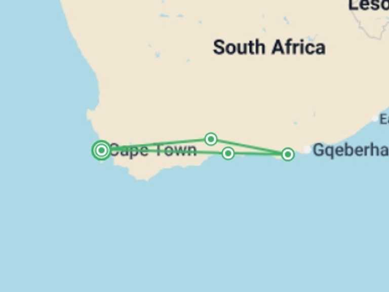 Map itinerary of Cape Town Tour in Fall with 4 destination visits for the trip: Garden Route & Addo Adventure 5D/4N