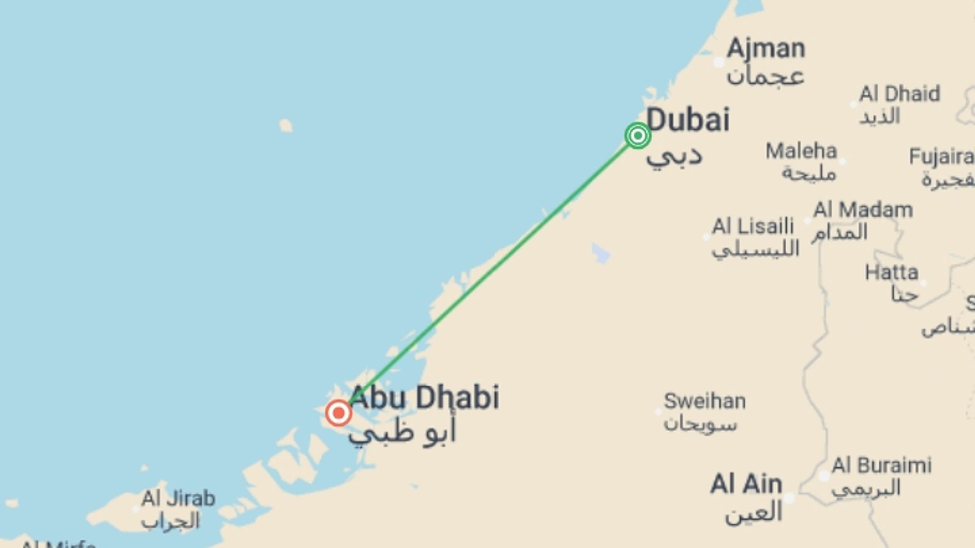 A map showing the tour itinerary for the trip: Dubai & Abu Dhabi Explorer - 8 days, starting in Dubai, UAE and ending in Abu Dhabi, UAE going through 0 other destinations.