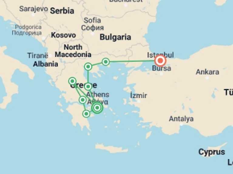 Map of 14-Day Athens Tour with 8 destination visits for the trip: Classic Mainland Greece:  Athens to Istanbul