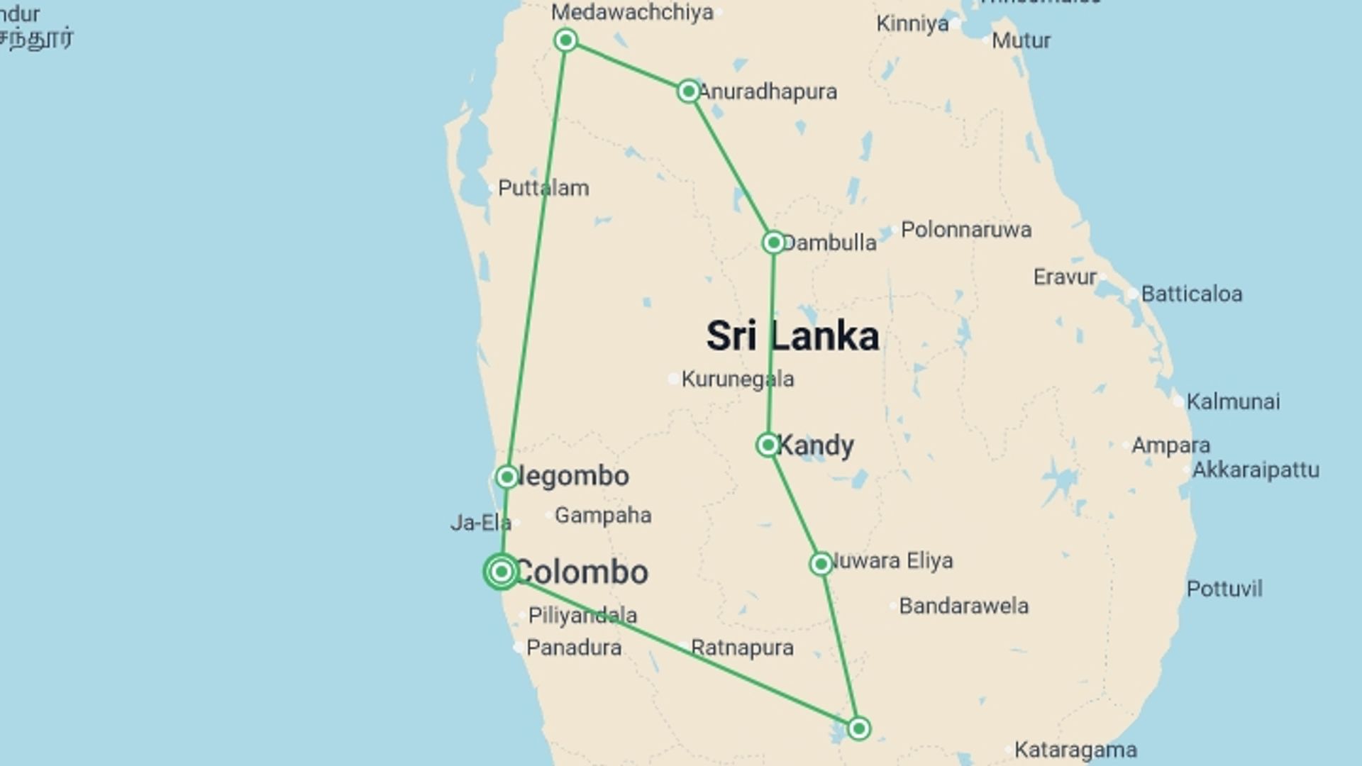 A map showing the tour itinerary for the trip: Wild About Wilpattu - 10 days, starting in Colombo, Sri Lanka and ending in Colombo, Sri Lanka going through 7 other destinations.