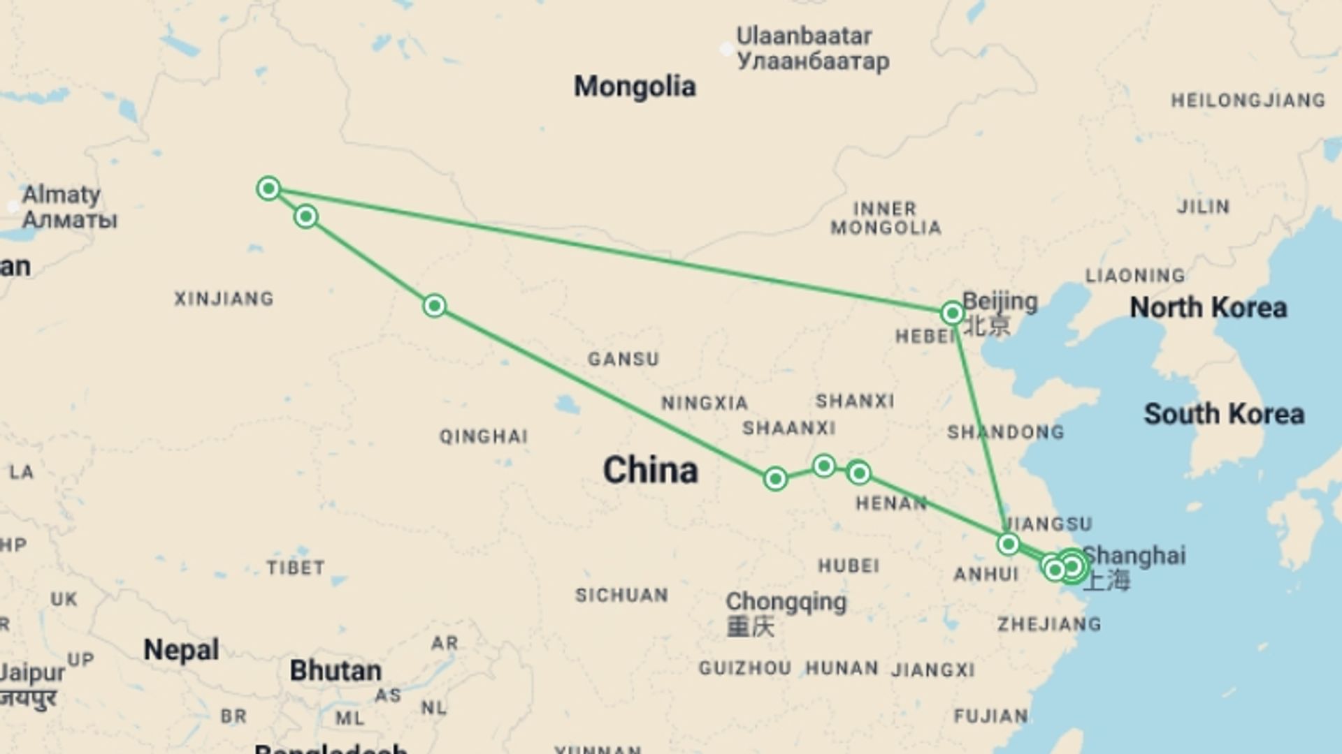 A map showing the tour itinerary for the trip: Discover China and the Silk Road, starting in Shanghai, China and ending in Shanghai, China going through 7 other destinations.