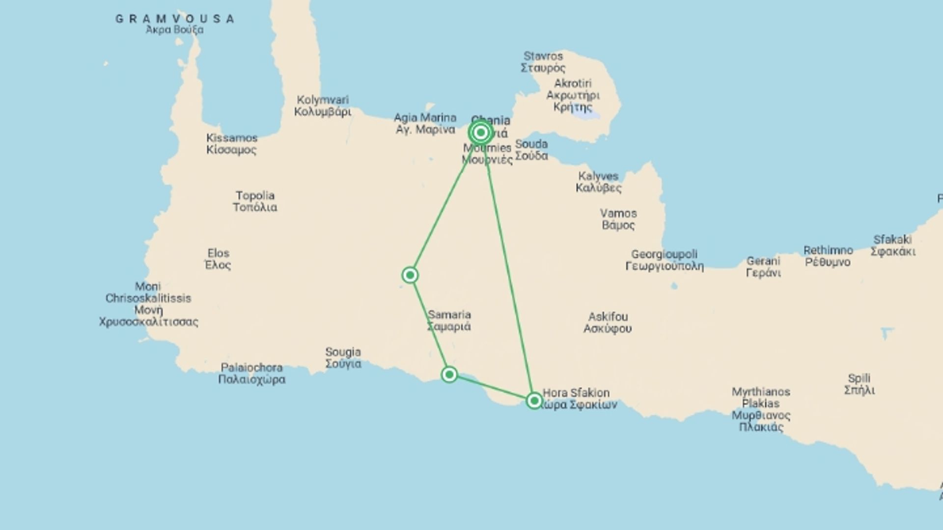 A map showing the tour itinerary for the trip: Hiking Crete: Gorges & Coastal Walks, starting in Chania, Greece and ending in Chania, Greece going through 3 other destinations.