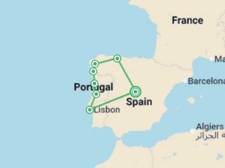 Map itinerary of Europe Tour in May 2026 with 7 destination visits for the trip: Highlights of Galicia & Portugal - 10 days
