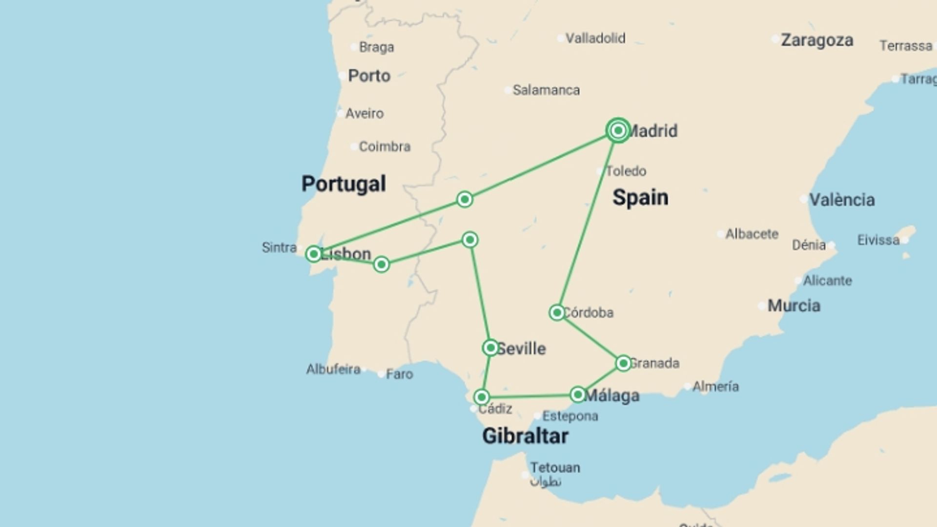 A map showing the tour itinerary for the trip: Andalusian Soul with Portugal, starting in Madrid, Spain and ending in Madrid, Spain going through 6 other destinations.
