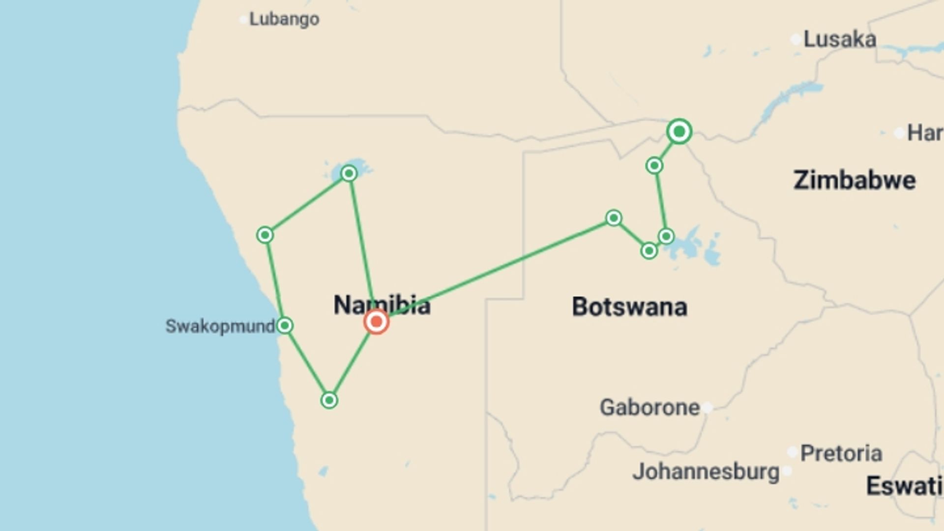 A map showing the tour itinerary for the trip: Premium Botswana & Namibia, starting in Kasane, Botswana and ending in Windhoek, Namibia going through 8 other destinations.