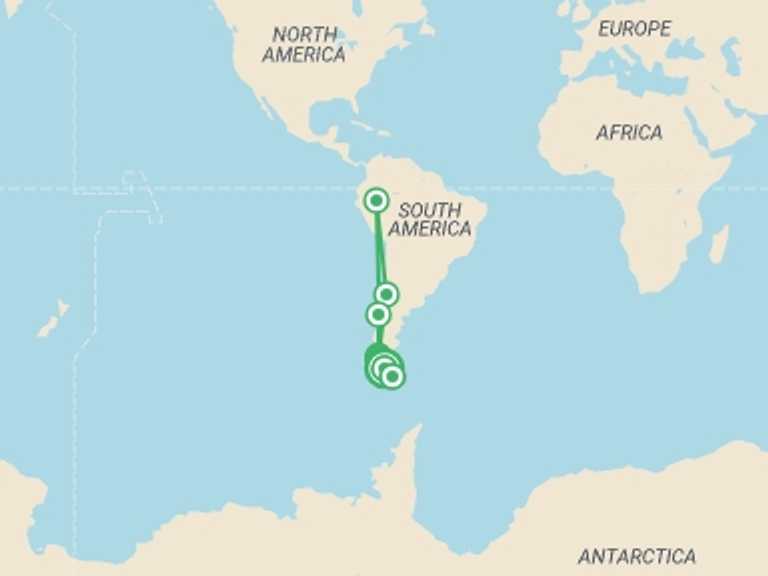 Map itinerary of Chile Tour in March 2026 with 16 destination visits for the trip: Paine O Trek & Navarino Trek