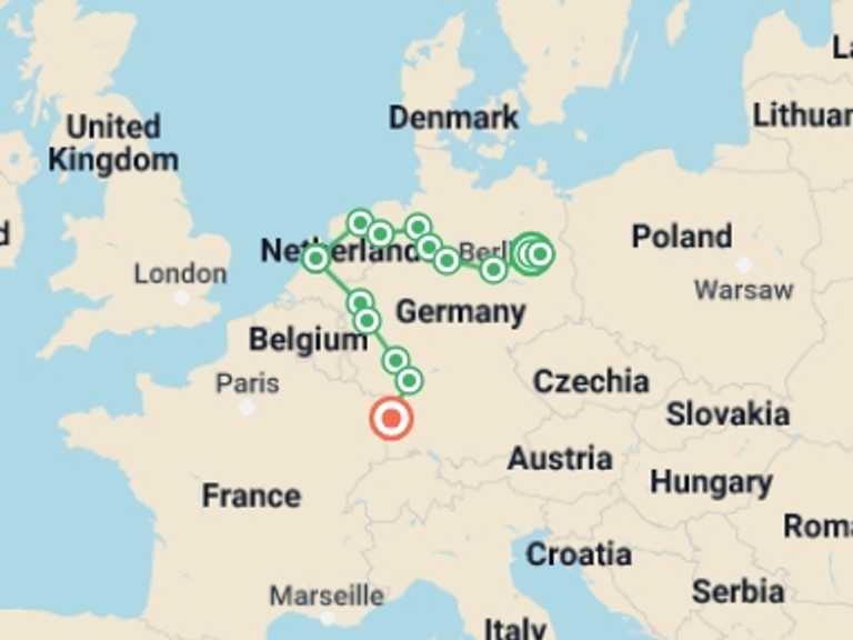 Map of Berlin Cruise Tour with 15 destination visits for the trip: From Berlin to Strasbourg (port-to-port cruise)