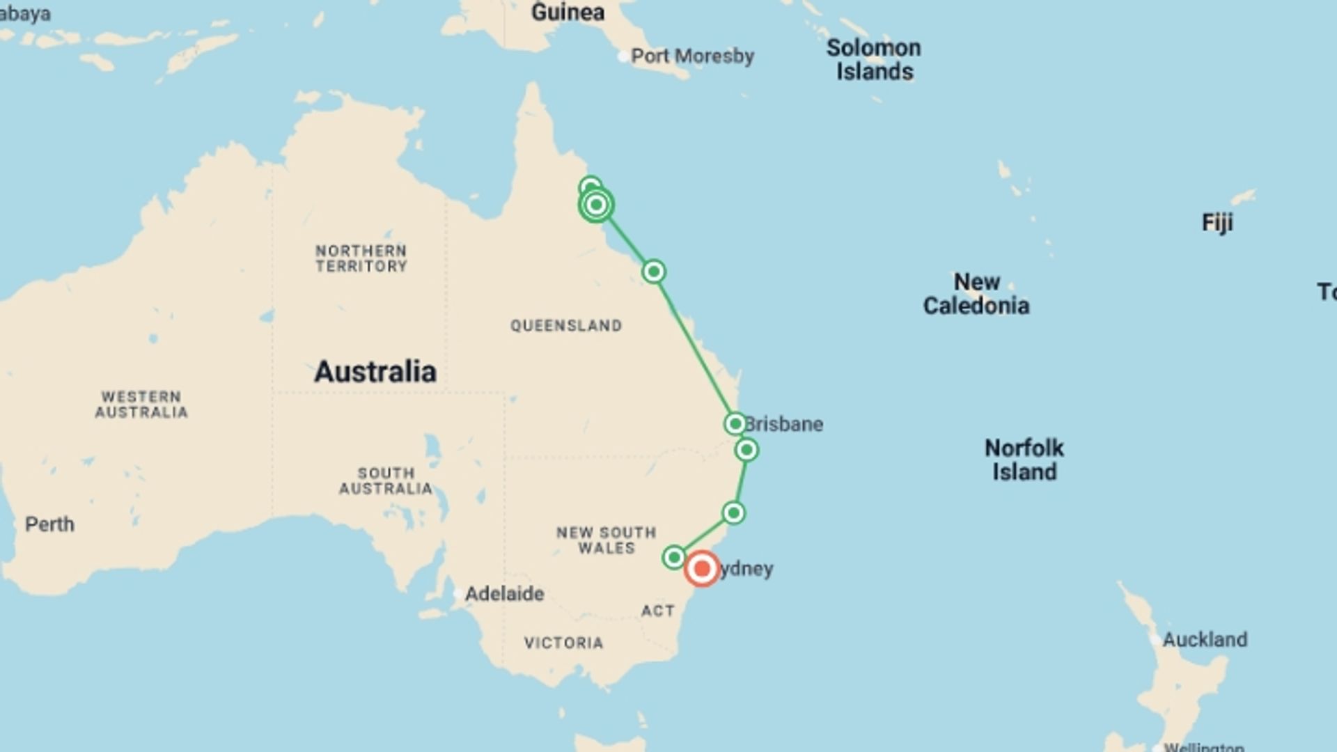 A map showing the tour itinerary for the trip: Best of Australia, starting in Cairns, Australia and ending in Sydney and NSW, Australia going through 7 other destinations.