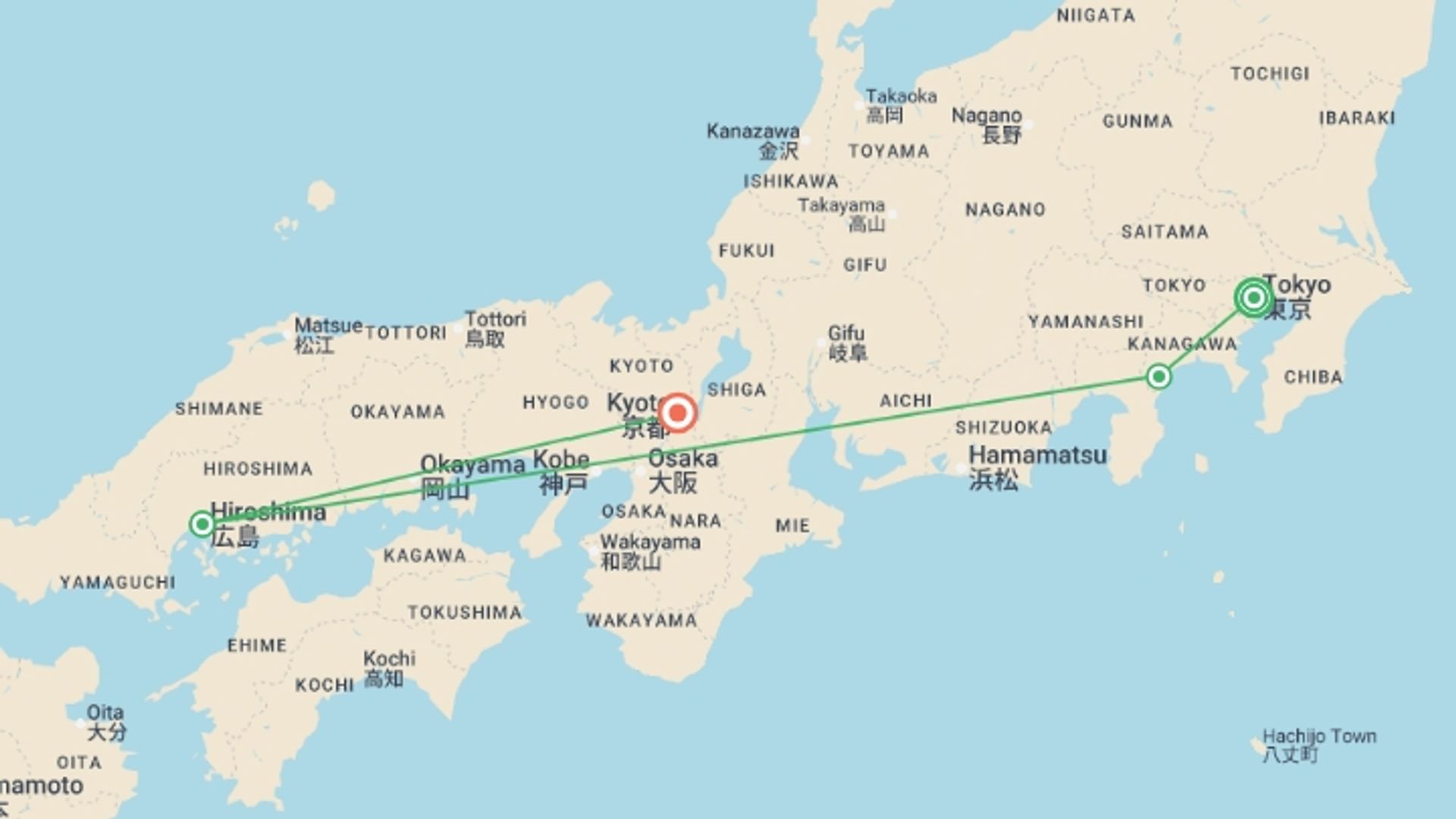 A map showing the tour itinerary for the trip: Japan Family Adventure - 12 days, starting in Tokyo, Japan and ending in Kyoto, Japan going through 2 other destinations.
