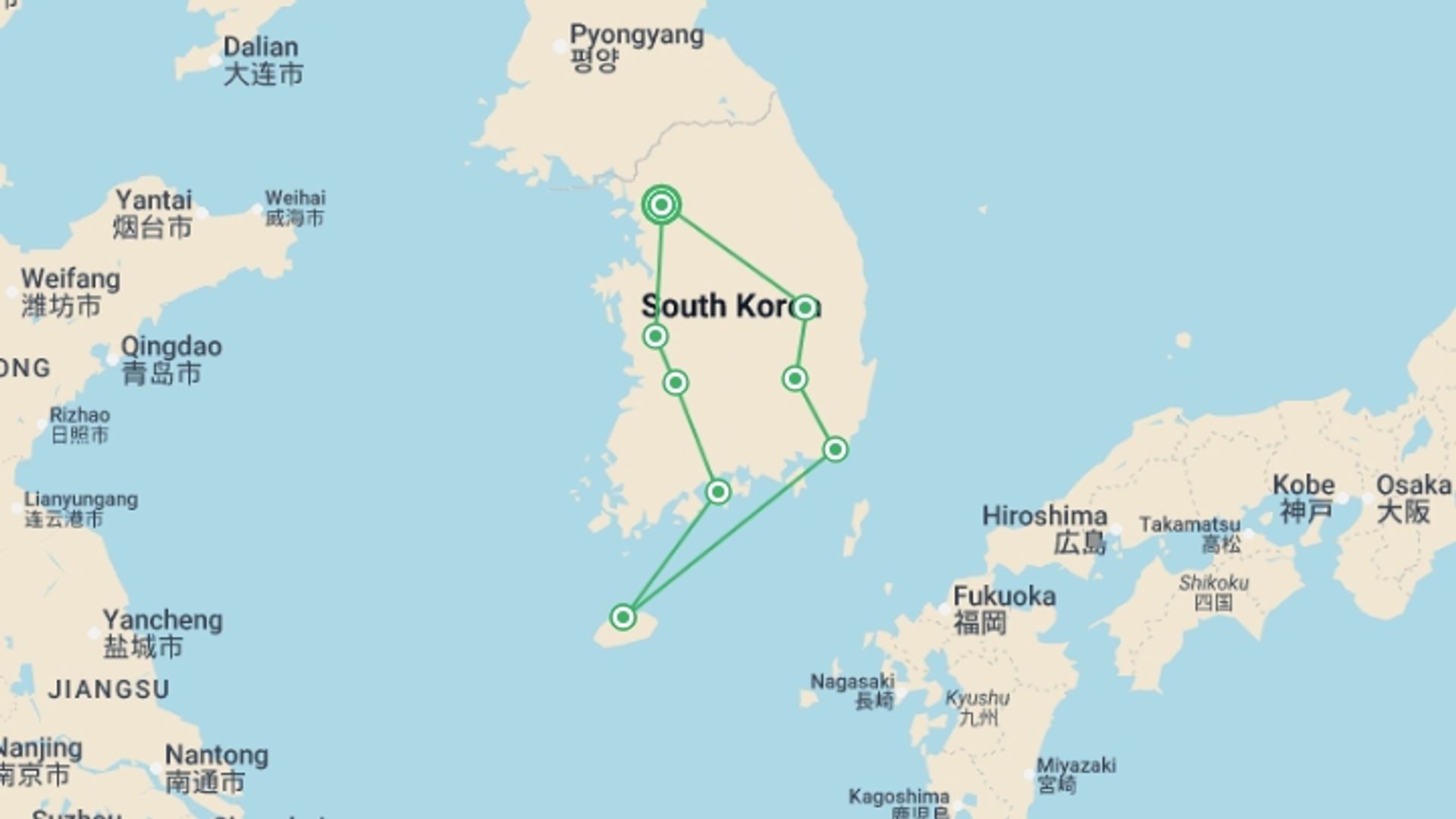 A map showing the tour itinerary for the trip: Discovery Tour: Memorable Trip to South Korea, starting in Seoul, South Korea and ending in Si, South Korea going through 7 other destinations.