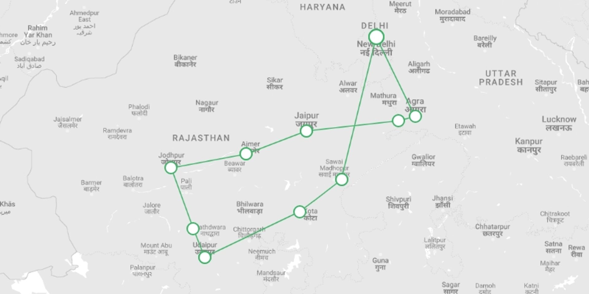 A map showing the tour itinerary for the trip: Colours of Rajasthan - Pushkar Festival (2026), starting in New Delhi, India and ending in New Delhi, India going through 7 other destinations.
