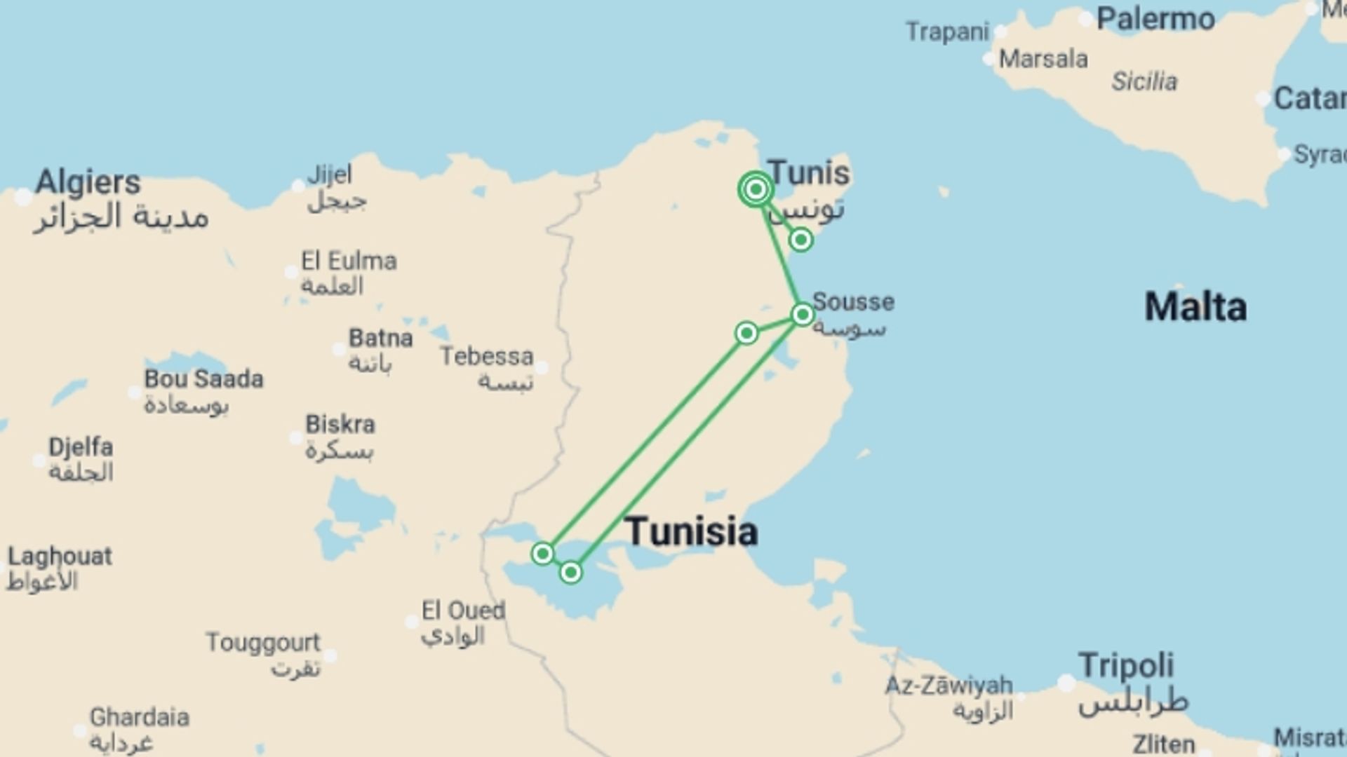 A map showing the tour itinerary for the trip: The Best Of Tunisia & All-inclusive Beach Extension (stay Connected), Small Group Tour, starting in Tunis, Tunisia and ending in Tunis, Tunisia going through 3 other destinations.
