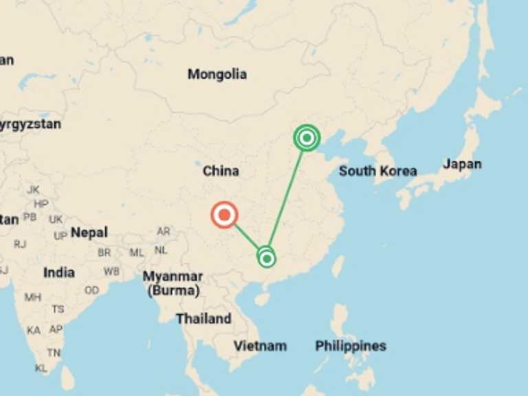 Map of Asia Spas Tour with 6 destination visits for the trip: China Luxury Wellness Retreat