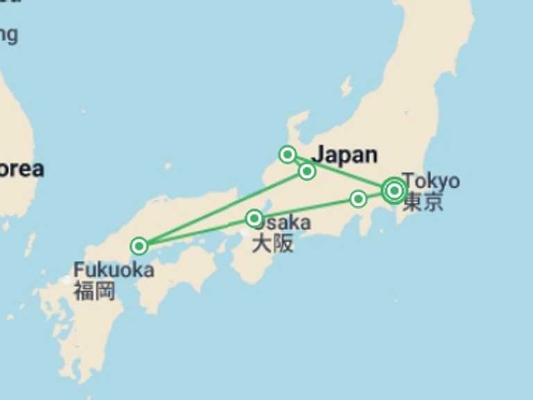 Map itinerary of Asia Tour in January 2027 with 6 destination visits for the trip: Discover Japan