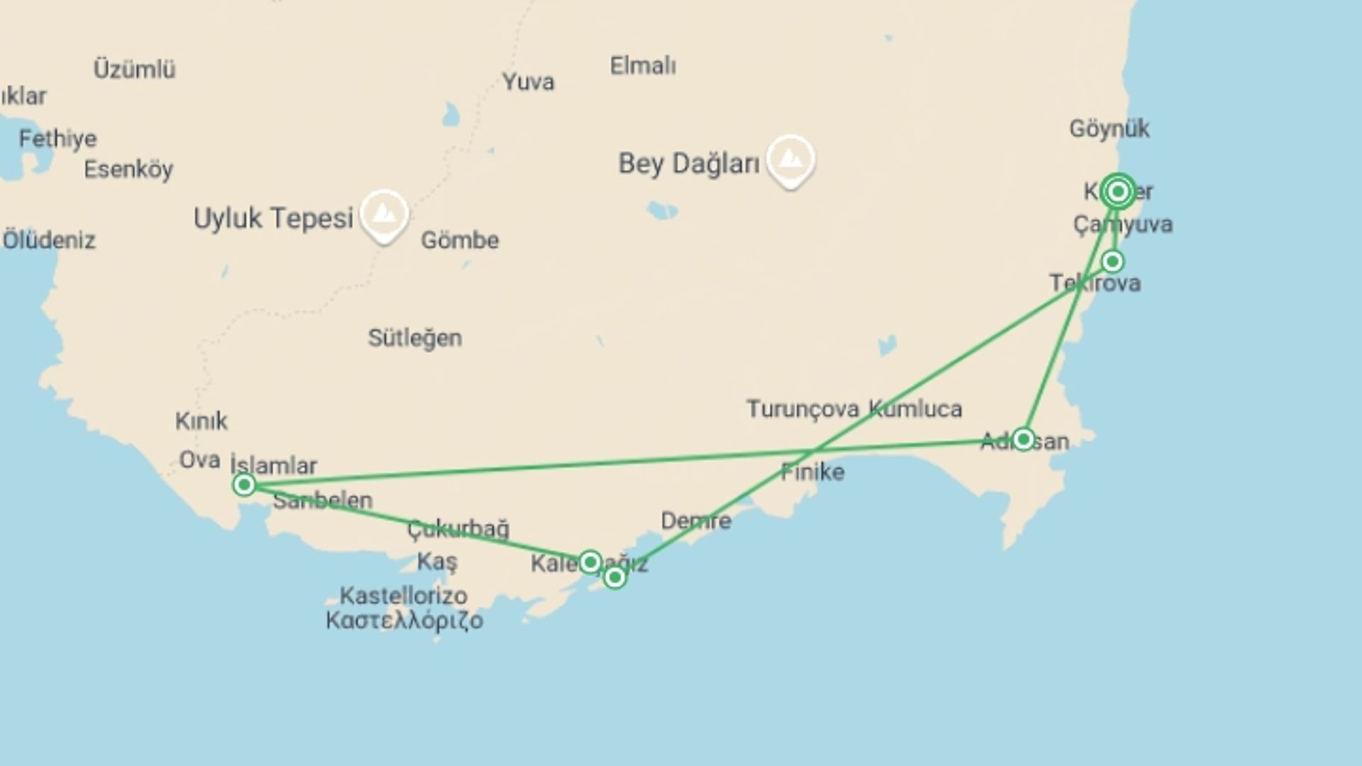 A map showing the tour itinerary for the trip: Gulet Cruise, Kemer – Kekova – Kemer, starting in Kemer, Turkey and ending in Kemer, Turkey going through 5 other destinations.