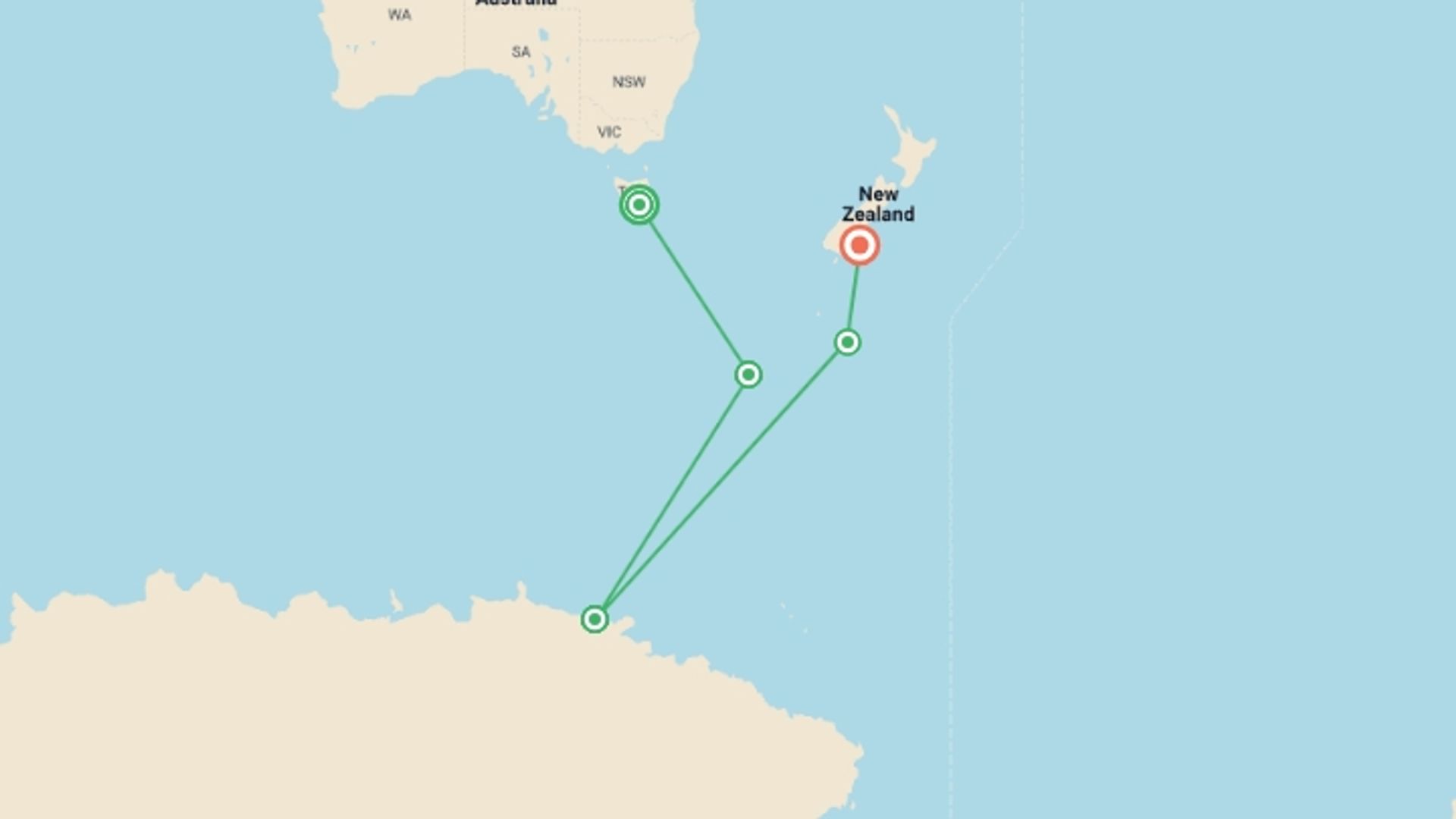 A map showing the tour itinerary for the trip: Mawson's Antarctica - Douglas Mawson, starting in Hobart, Australia and ending in Dunedin, New Zealand going through 4 other destinations.
