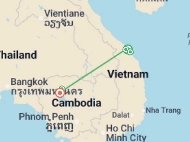 Map itinerary of South East Asia Tour in August 2026 with 3 destination visits for the trip: Danang, Hoi An & Siem Reap - 9 days